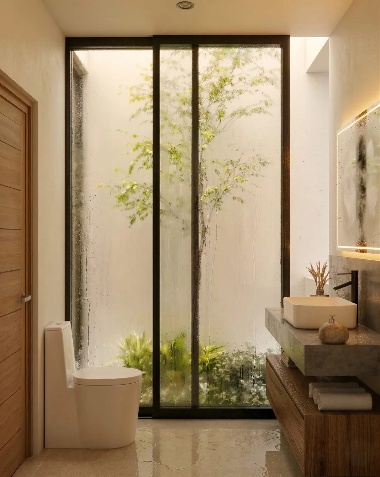 Baño contemporáneo iluminado con jardín exterior