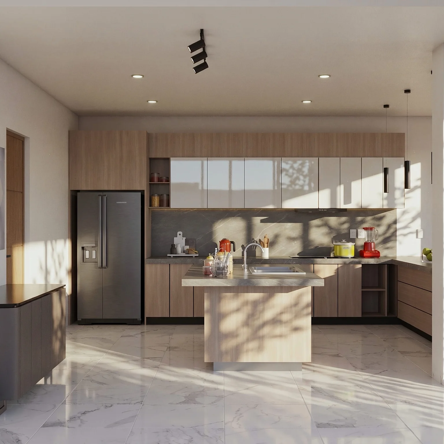 Cocina de madera y superficies claras