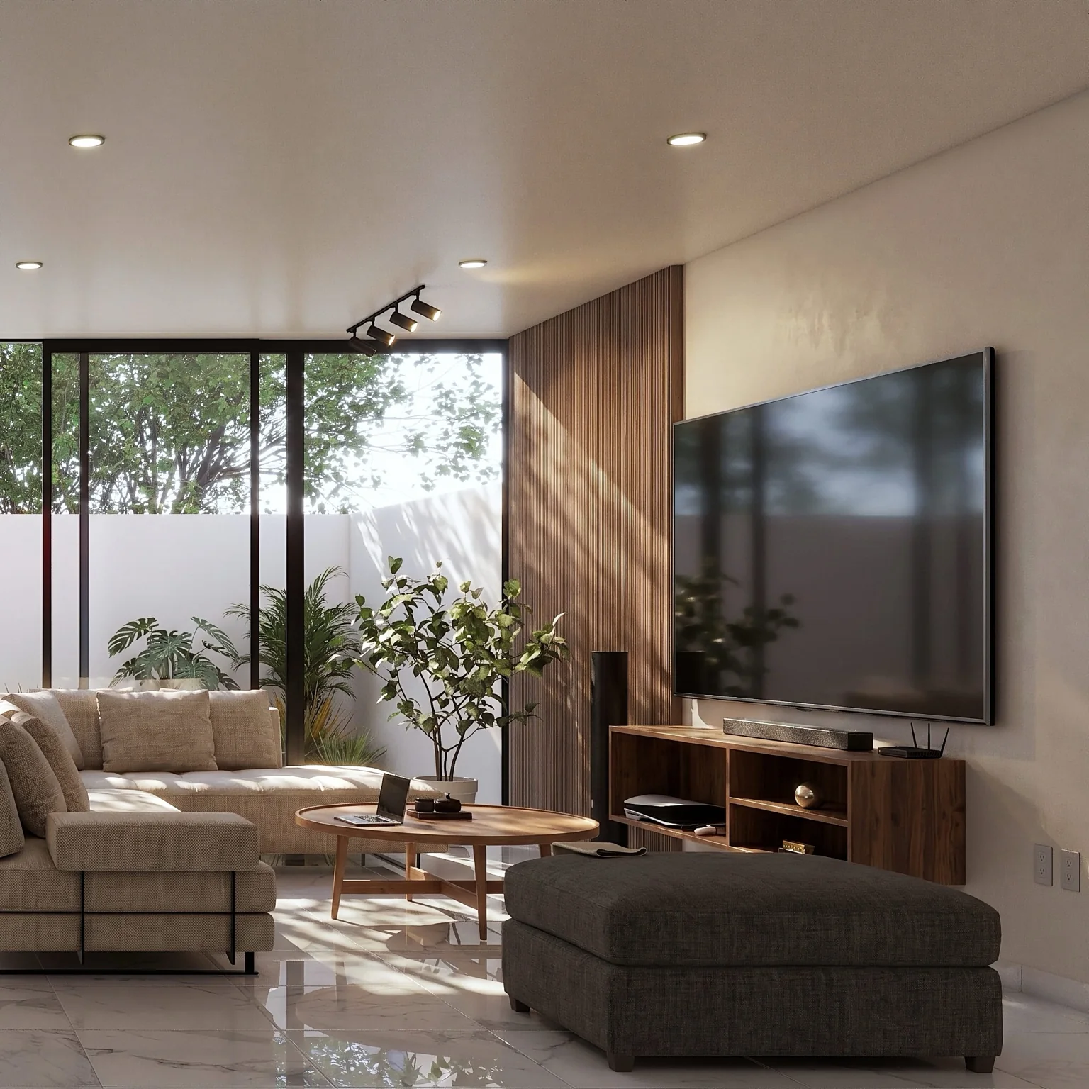 Sala luminosa con detalles en madera